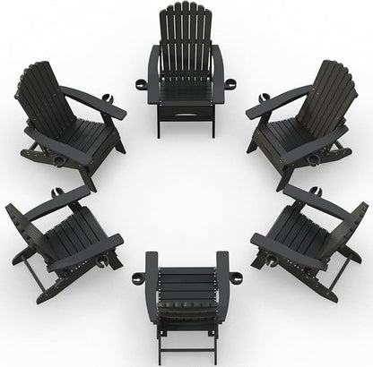 ZHUSI Folding Adirondack Chairs Set of 6 with Retractable Ottoman, Adjustable Adirondack Chair with 2 Cup Holders, Outdoor Chairs for Porch Patio Lawn Balcony Weather Resistant, Black