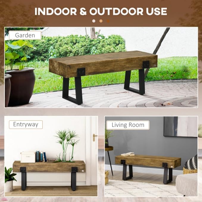 Wood-Effect Concrete Garden Bench with Metal Legs, Rustic Indoor Outdoor Bench for Patio Porch Entryway & End of Bed, All-Weather Durable Furniture, Natural and Black
