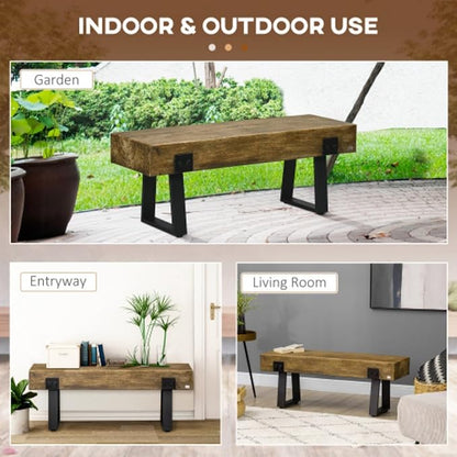 Wood-Effect Concrete Garden Bench with Metal Legs, Rustic Indoor Outdoor Bench for Patio Porch Entryway & End of Bed, All-Weather Durable Furniture, Natural and Black