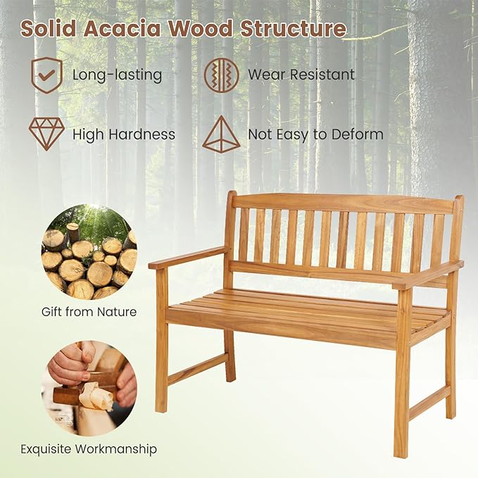 RELAX4LIFE Outdoor Bench Acacia Wood - 2-Person Garden Bench w/Backrest & Armrests, Slatted Wooden Patio Loveseat Chair for Front Porch Poolside Park Backyard, 800 LBS Weight Capacity (43'')