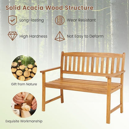 Wooden Garden Bench, Outdoor Bench Acacia Wood with Slatted Seat, Comfy Backrest & Armrest, 2-Person Loveseat Patio Bench for Porch Balcony Backyard Park, 800 LBS Max Load (43” x 22" x 34")