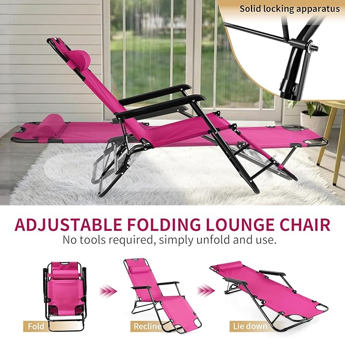 Outvita Folding Chaise Lounge Chair, Outdoor Adjustable Recliner Chair with Pillow for Camping, Beach, Poolside, Garden - Photo 4