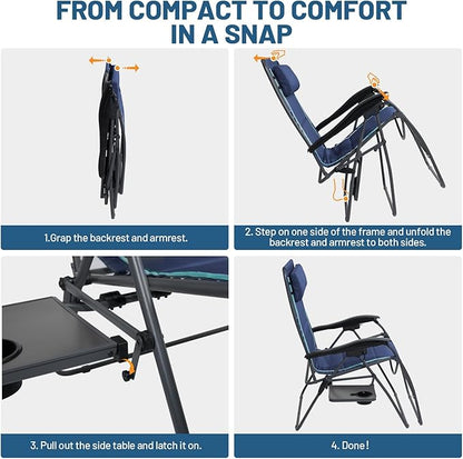 Timber Ridge Oversized Zero Gravity Chair, 33In Wide XXL Zero Gravity Reclining Chair with Side Table, Full Padded Lounge Chair for Outdoor Camping Patio Lawn, Heavy Duty Supports 500lbs, Blue-2 Pack