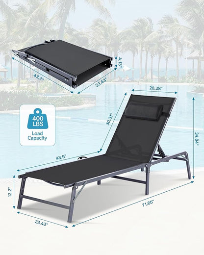 2 Pack Foldable Chaise Lounge Chair with Cup Holder, Assemble-Free Outdoor Lounge Chair with Detachable Pillow and 6 Adjustable Backrest, Patio Lounge Chair for Outside Poolside Beach Pool, Black