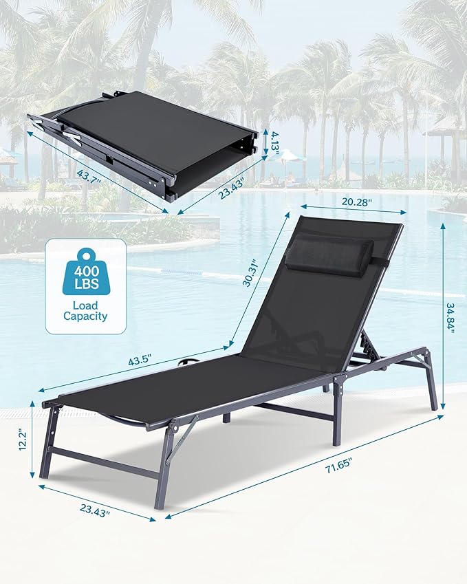 4 Pack Foldable Chaise Lounge Chair with Cup Holder - Photo 2