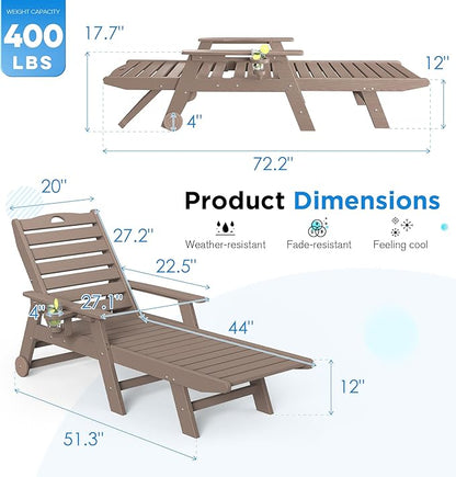 nalone HDPE Chaise Lounge Chair Outdoor with Wheels & Cup Holder, Pool Lounge Chairs with 5-Position Adjustable Backrest, Supports Up to 400 LBS for Patio Poolside Deck Beach Backyard(Grey Brown)
