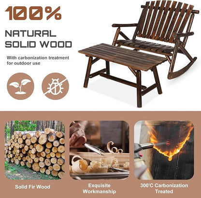 HOMEDIARY Outdoor Wood Rocking Bench Set, Patio Bistro Set-2 Person Rustic Adirondack Log Rocker with Side Table, Slatted Seat/High Backrest, Patio Rocking Furniture Set for Garden, Carbonized