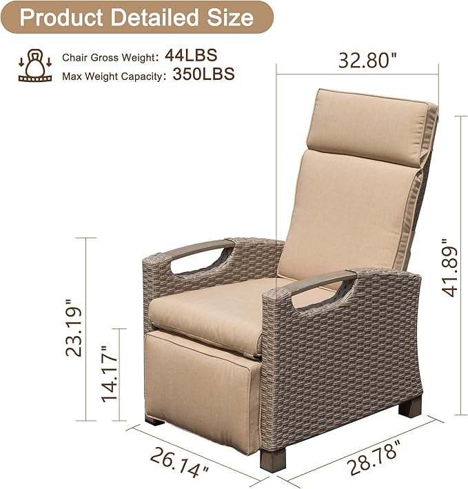 Domi Outdoor Recliner Chair, Patio Recliner with Hand-Woven Wicker, Flip Table Push Back, Adjustable Angle, Thickness Cushions, Reclining Lounge Chair for Indoor & Outdoor Use, Beige
