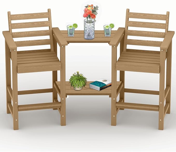 PLUUV Tall Adirondack Chairs Set of 2, All Weather HDPE Poly Bar Height Balcony Adirondack Chair with Removable Double Connecting Trays, Outdoor Adirondack Barstools for Deck, Patio, Yard, Pool, Lawn