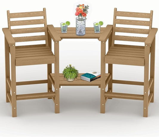 PLUUV Tall Adirondack Chairs Set of 2, All Weather HDPE Poly Bar Height Balcony Adirondack Chair with Removable Double Connecting Trays, Outdoor Adirondack Barstools for Deck, Patio, Yard, Pool, Lawn