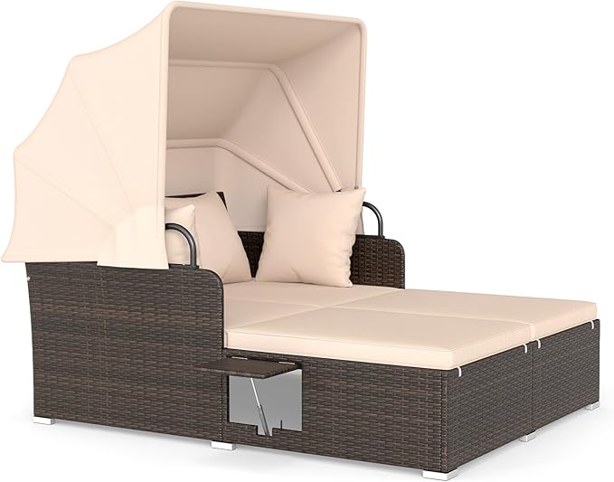 ORALNER Outdoor Daybed, 2-Person Wicker Patio Sofa with Retractable Canopy, Cushions & Pillows, 2 Side Trays - Photo 8