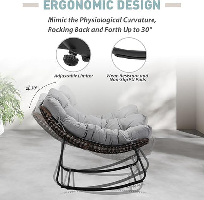 Outdoor Papasan Rocking Chair Oversized Set of 2 - Rocking Chair with Soft Cushion, 30° Rocker Egg Chair for Patio, Front Porch, Backyard, Living Room, Grey