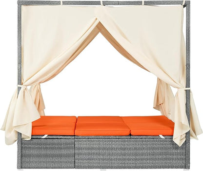 Patio Chaise Lounge, Gray PE Rattan Outdoor Patio Wicker Sunbed Daybed with Adjustable Seats, Four-sided Canopy, Overhead Curtain and Orange Cushion for Backyard, Garden, Poolside (for 2-6 people)