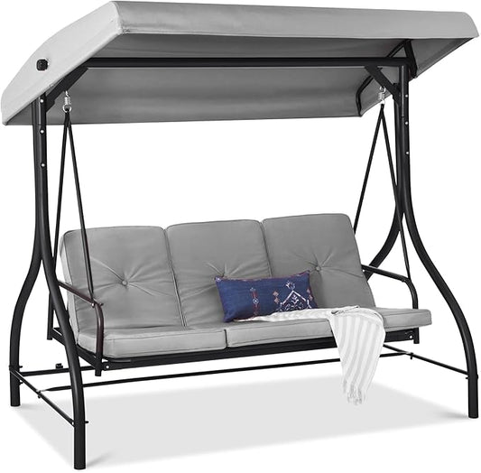 Best Choice Products 3-Seat Outdoor Large Converting Canopy Swing Glider, Patio Hammock Lounge Chair for Porch, Backyard w/Flatbed, Adjustable Shade, Removable Cushions - Fog Gray