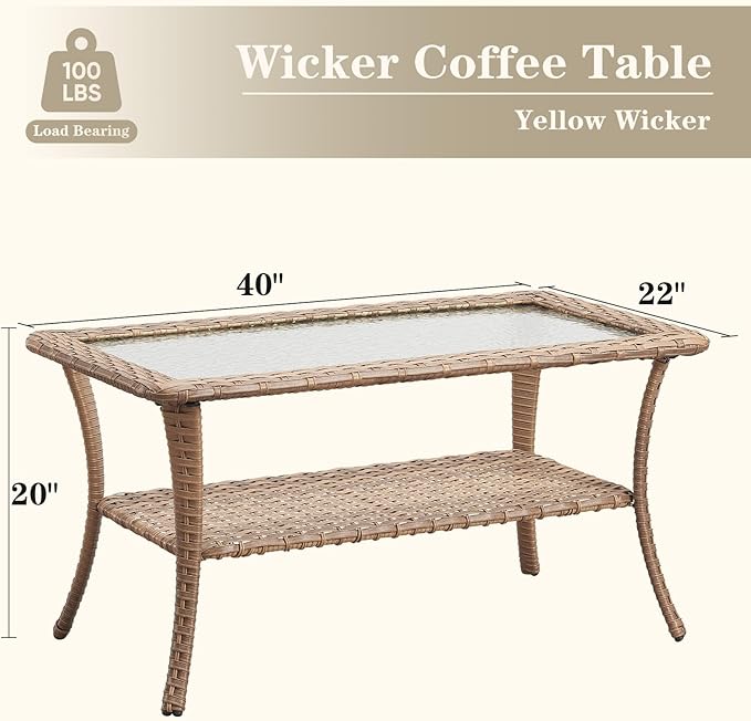 Belord Outdoor Coffee Table for Patio - 40 Inch Rattan Patio Coffee Table with 2-Layer Storage, Rectangular Tempered Glass Outdoor Wicker Table for Porch Balcony Yellow