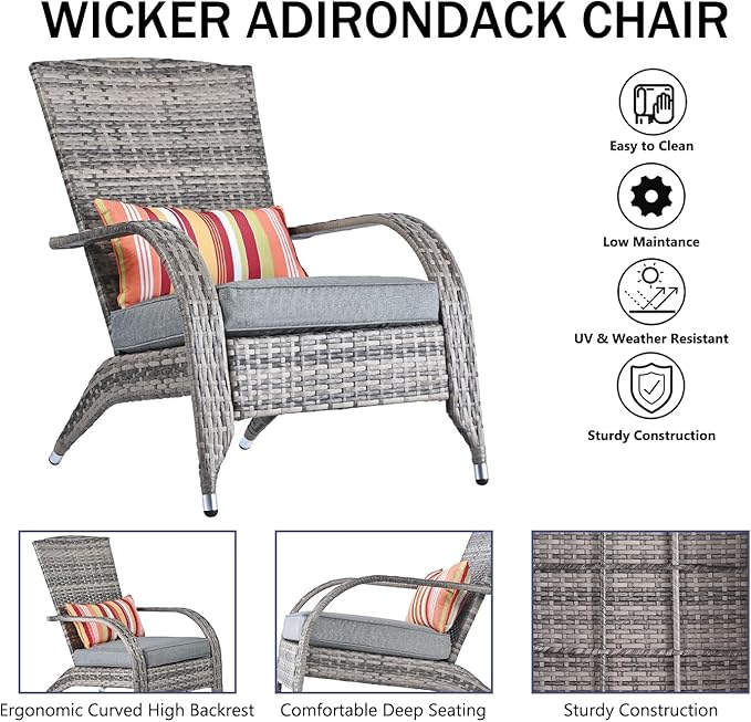 Outdoor Patio Wicker Rattan Adirondack Chair Outside Fire Pit Chairs Comfy Relax Accent Patio Chair Low Deep Seating High Back with Cushion and Pillow for Porch Deck Balcony Lawn Backyard Mixed Grey