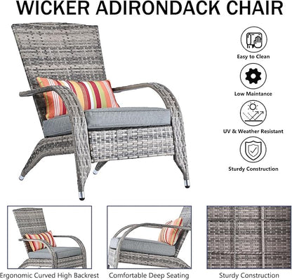 Outdoor Patio Wicker Rattan Adirondack Chair Outside Fire Pit Chairs Comfy Relax Accent Patio Chair Low Deep Seating High Back with Cushion and Pillow for Porch Deck Balcony Lawn Backyard Mixed Grey