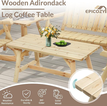 5-Piece Outdoor Log Wood Rocking Set, Rustic Wooden Conversation Set Including 2-Seater Loveseat, 2 Coffee Tables, 2 Log Rocker Chairs, Patio Furniture Chair Set for Garden, Lawn Yard, Natural