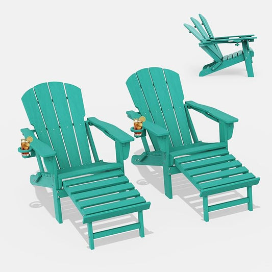 LOUNZY Folding Adjustable Adirondack Chair with Retractable Ottoman Set of 2,HDPE Recliner Adirondack Chair with Cup Holder for Deck Lawn Fire Pit, Aruba
