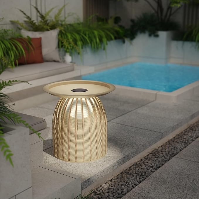 Outdoor Coffee Table Boho Wicker Patio Solar Table Festival Decoration All Weather Metal Round Tables with Built-in - Photo 2