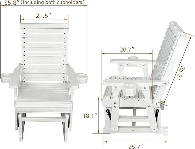 Fortune Candy Wooden Patio Glider for One Person, with High Backrest and Deep Contoured Seat, Solid Fir Wood - Photo 2