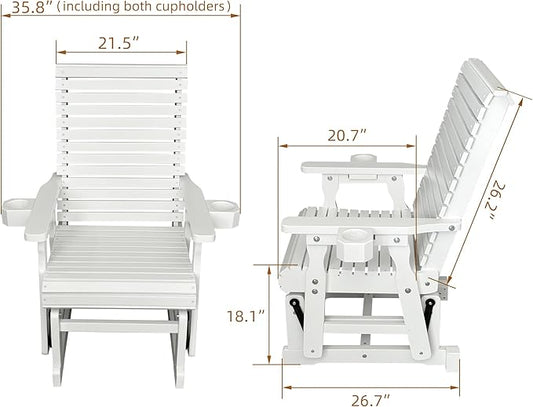 Fortune Candy Wooden Patio Glider for One Person, with High Backrest and Deep Contoured Seat, Solid Fir Wood, Heavy Duty 600 LBS (White, 1-Seater)
