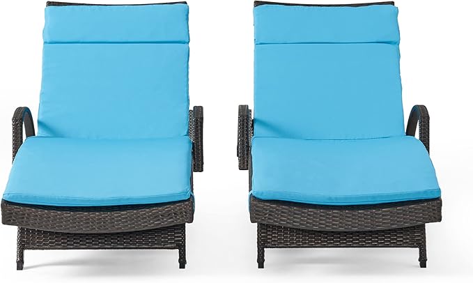 Christopher Knight Home Salem Outdoor Wicker Adjustable Chaise Lounges with Arms, with Cushions, 2-Pcs Set, Multibrown / Blue