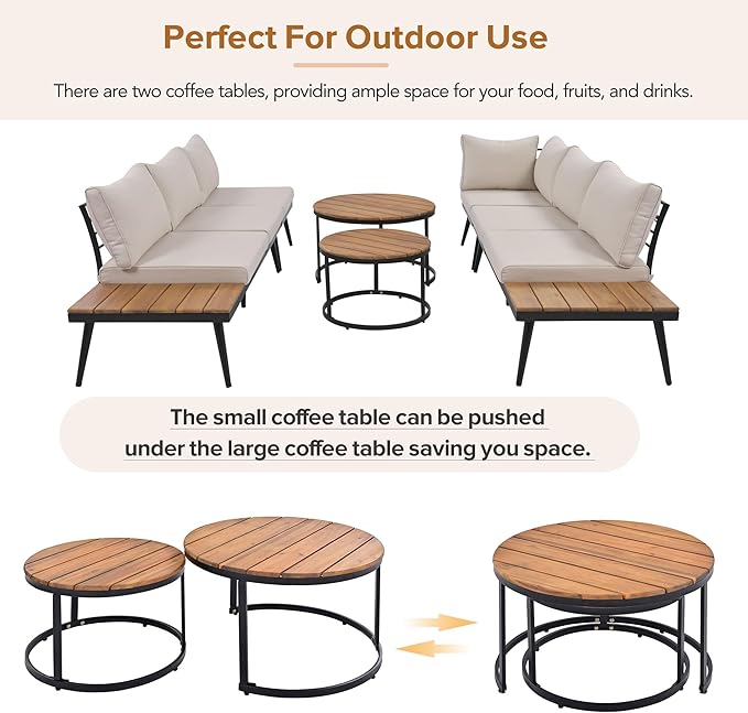 Modern Outdoor Sectional Sofa Set with Round Nesting Coffee Tables and Cushions, 6-Piece Patio Furniture Set for Porch - Photo 4