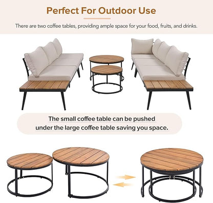 Modern Outdoor Sectional Sofa Set with Round Nesting Coffee Tables and Cushions,6-Piece Patio Furniture Set for Porch,Garden,Poolside and Balcony (Beige)