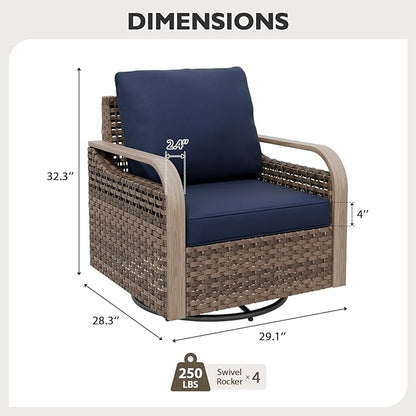 EAGLE PEAK Modern Wicker Outdoor Glider Rocking Chair, Swivel Rocker, Rattan Patio Furniture for Yard Deck Porch Garden, 4 Chairs, Brown/Blue