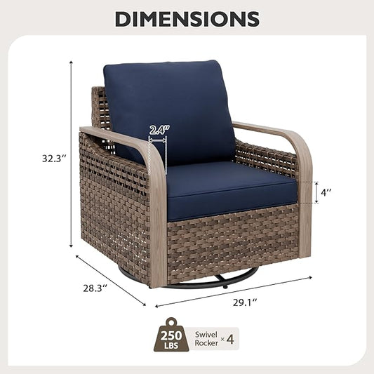 EAGLE PEAK Modern Wicker Outdoor Glider Rocking Chair, Swivel Rocker, Rattan Patio Furniture for Yard Deck Porch Garden, 4 Chairs, Brown/Blue