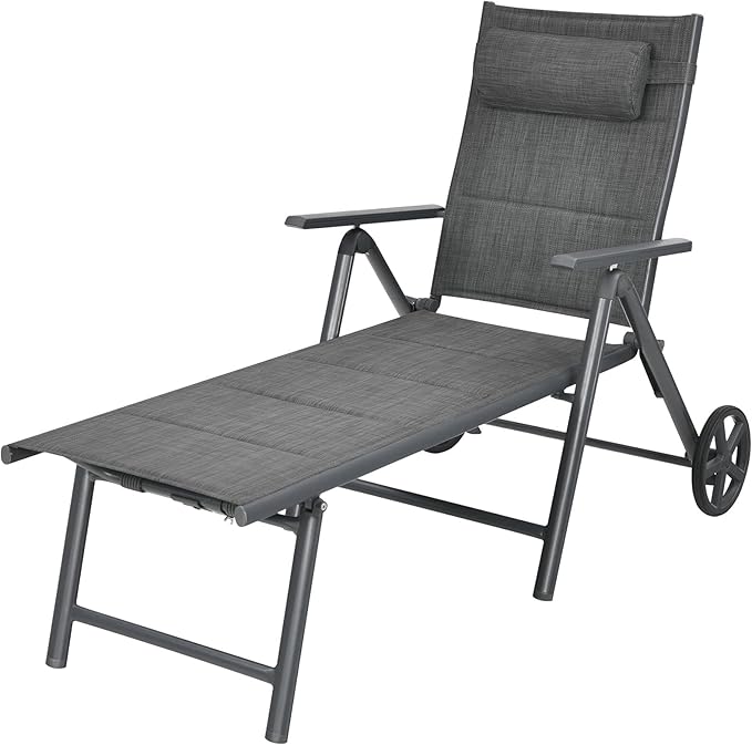 Tangkula Patio Chaise Lounge W/Wheels, Outdoor Folding Padded Lounge Chair W/ 7-Position Backrest, Removable Headrest - Photo 1