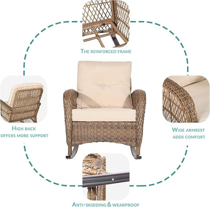 MEETWARM Outdoor Wicker Rocking Chair, Rattan Patio Rocker Chairs with Cushions and High Back, All-Weather Patio Wicker Chair with Safe Rocking Design for Garden Backyard Porch, Brown/Beige