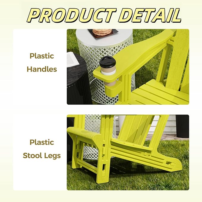 Adirondack Plastic Outdoor Chair, 400 LBS Capacity Recliner Garden Chair, Patio Chair with Cup Holder, Without Screws Install for Backyard Lawn Beach Yellow