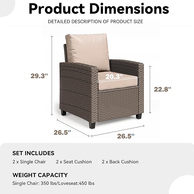 2 Pieces Patio Furniture Set, Outdoor Wicker Chairs Set of 2, All Weather High Back Rattan Chairs, Seating Club Chair Porch Chairs Set with Cushions for Balcony Porch Deck, Beige