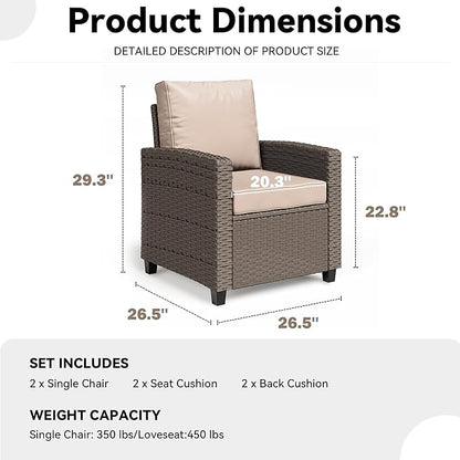 2 Pieces Patio Furniture Set, Outdoor Wicker Chairs Set of 2, All Weather High Back Rattan Chairs, Seating Club Chair Porch Chairs Set with Cushions for Balcony Porch Deck, Beige
