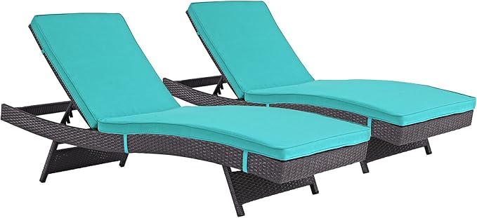 Modway Convene Wicker Rattan Outdoor Patio Chaise Lounge Chairs in Espresso Turquoise - Set of 2