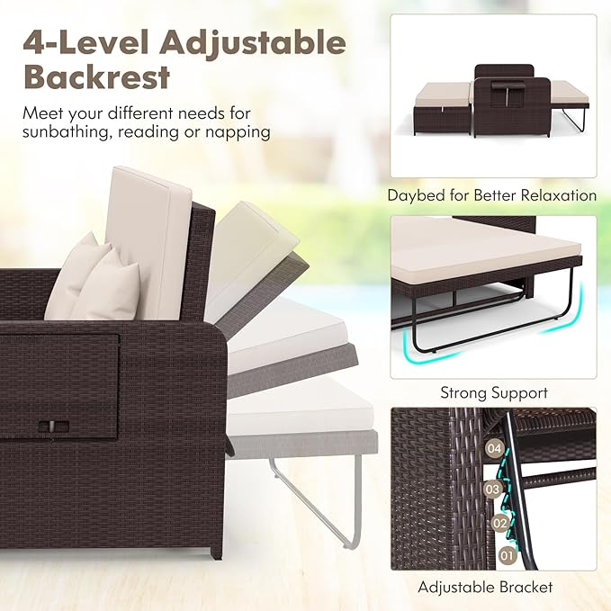 Nightcore Wicker Patio Outdoor Daybed, Outdoor Chaise Lounger w/ 4-Level Adjustable Backrest, Retractable Side Trays - Photo 5