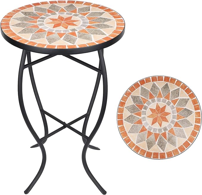 VCUTEKA Mosaic Side Table, 21" Round End Table with 14" Ceramic Tile Top, Patio Accent Table Indoor and Outdoor End Table for Yard, Garden, Living Room, Bistro Balcony or Lawn Golden Sun