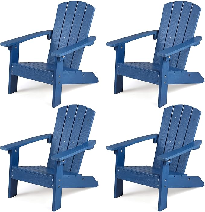 KOTEK Kids Adirondack Chair Set of 4, Plastic Toddler Lawn Chair with Ergonomic Seat, Wood-Grain Texture, Easy to Assemble, All-Weather Outdoor Kids Chairs for Patio, Garden, Backyard (Navy Blue)