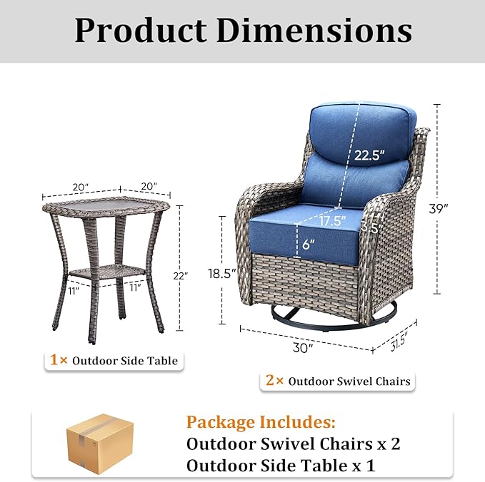 Luxury Outdoor Swivel Rocker Patio Chairs Set of 3, High Back Swivel Patio Chairs with Side Table & 6-Inch Thick Cushions, Wicker Outdoor Bistro Set for Porch, Yard, Deck, Poolside, Grey/Blue