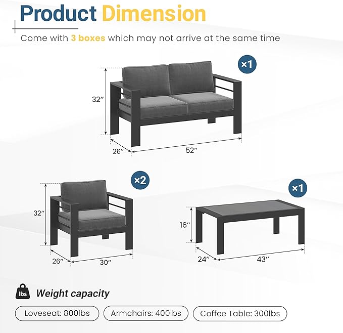 Solaste Aluminum Outdoor Patio Furniture Set, 4 Seats Patio Sectional Sofa with 5" Thick Cushion - Photo 2