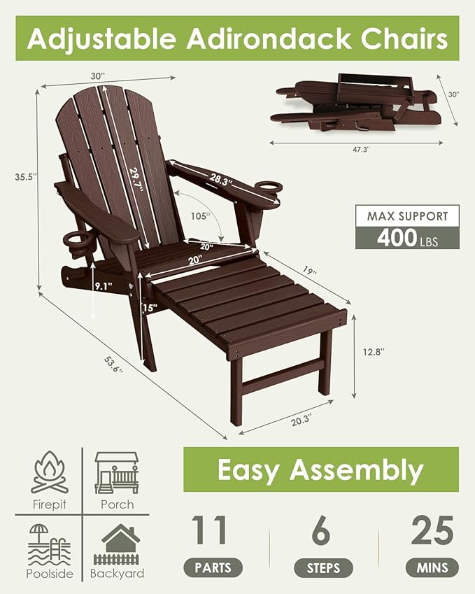 GREENVINES Adjustable Adirondack Chair with Retractable Ottoman Set of 4 | Folding | 2 Cup Holders | Wood Grain HDPE Plastic | Fire Pit Chairs w/Foot Rest | Dark Brown | for Outdoor Patio Poolside