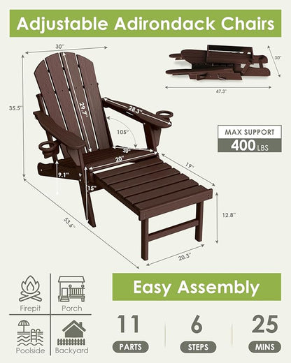 GREENVINES Adjustable Adirondack Chair with Retractable Ottoman Set of 4 | Folding | 2 Cup Holders | Wood Grain HDPE Plastic | Fire Pit Chairs w/Foot Rest | Dark Brown | for Outdoor Patio Poolside
