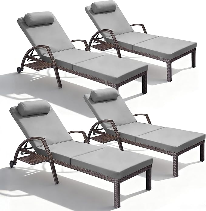 Patio Chaise Lounge Chairs Set of 4 Wicker Pool Lounge Chairs Outdoor with 5 Adjustable Back & Removable Cushion & Tray Tanning Chair Sun Loungers for Patio Poolside Deck Beach