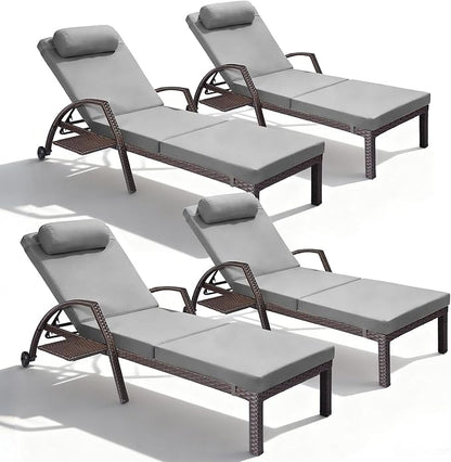 Patio Chaise Lounge Chairs Set of 4 Wicker Pool Lounge Chairs Outdoor with 5 Adjustable Back & Removable Cushion & Tray Tanning Chair Sun Loungers for Patio Poolside Deck Beach