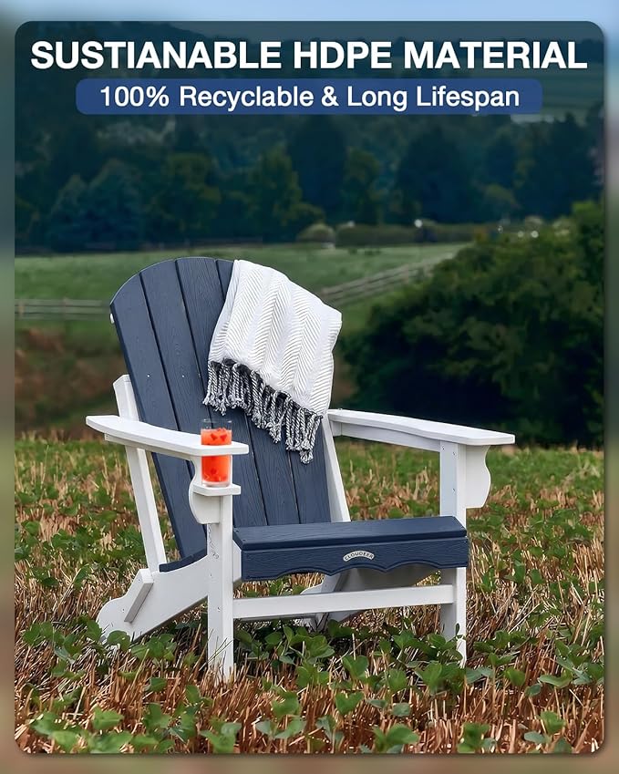 Folding Adirondack Chair –Recyclable HDPE Outdoor Adirondack Patio Chair with Cup Holder, Wood Texture & Umbrella Hole - Photo 3