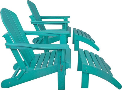 WestinTrends Malibu Outdoor Lounge Chairs Set, 5-Pieces Adirondack Chair Set of 2 with Ottoman and Side Table, All Weather Poly Lumber Patio Lawn Folding Chair for Outside, Turquoise