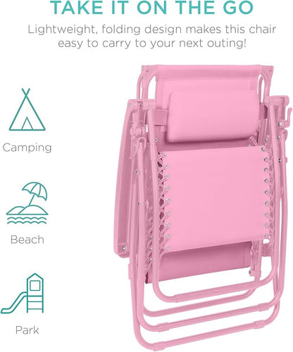 Best Choice Products Folding Zero Gravity Outdoor Recliner Patio Lounge Chair w/Adjustable Canopy Shade, Headrest, Side Accessory Tray, Textilene Mesh - Carnation