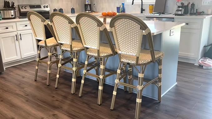PURPLE LEAF French Bar Stool Set of 2 Bamboo Print Finish Patio Bar Stools with Back Rattan Bar Chairs Wicker Bar - Photo 3